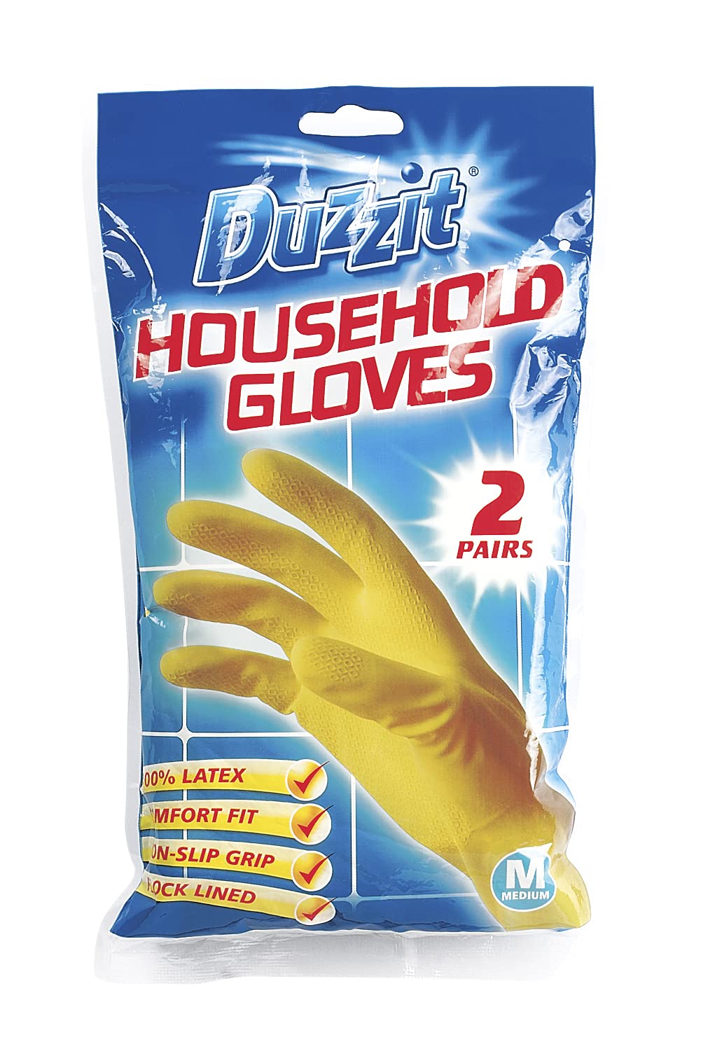 Duzzit Household Gloves 100% Latex Comfort Fit Lined Pack Of 2 Size Medium