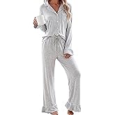 lulukaka Women Bamboo Viscose Pajama Sets Ruffled Cuff Hem Long Sleeve Fancy Yarn 2 Piece Loungewear Loose Fit Drop Shoulder