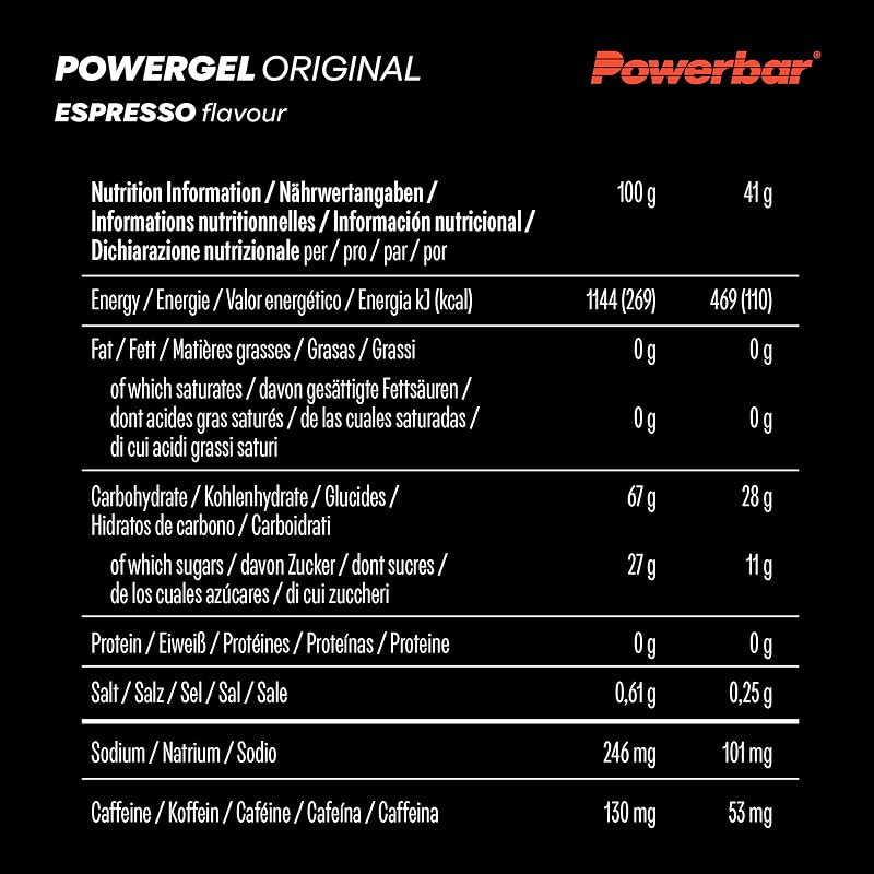 - PowerGel Original - Espresso - 24x41g - Gel énergétique riche en glucides - Sodium - 53mg de caféine