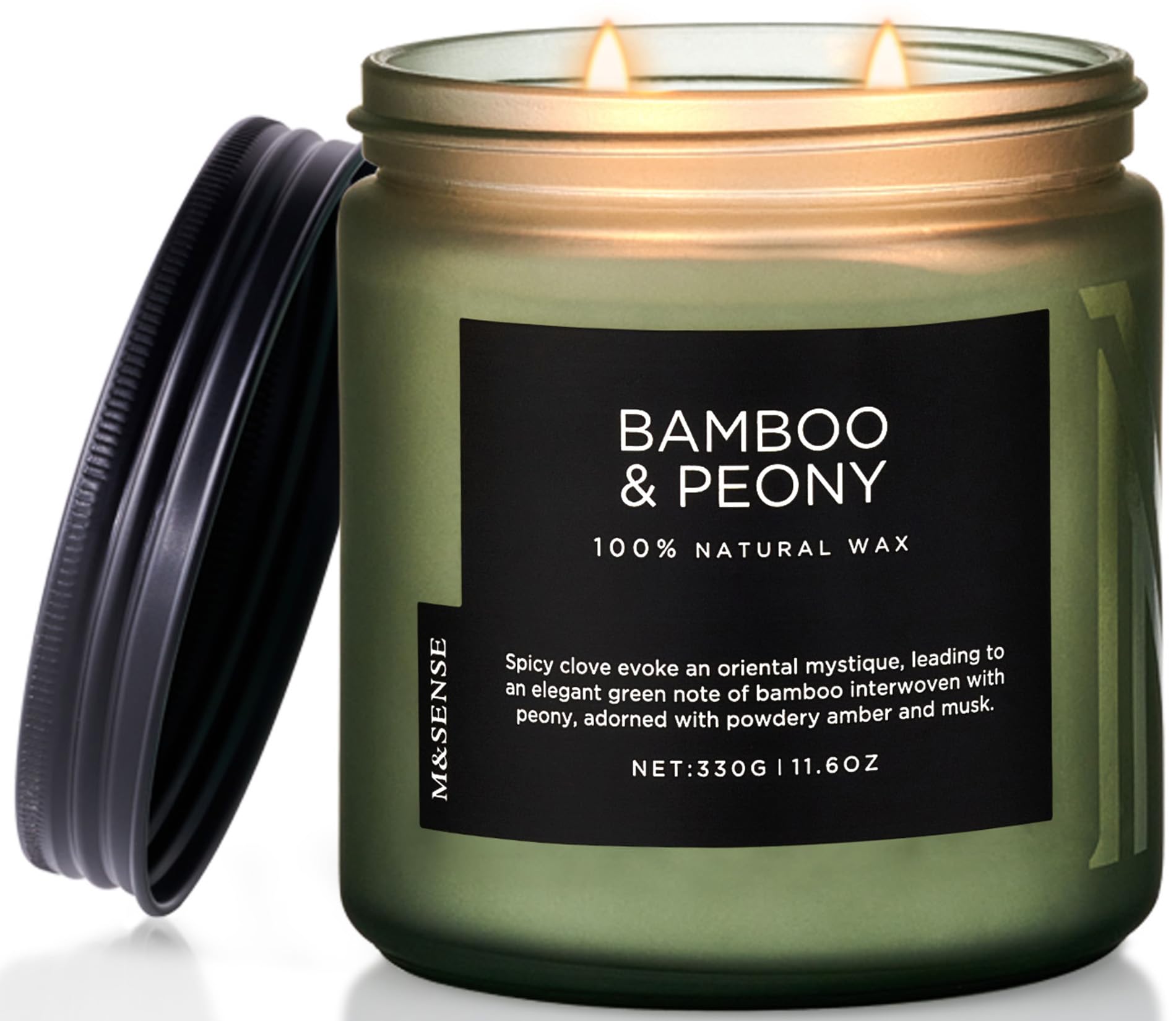 M&SENSE Bamboo Peony Soy Wax Scented Candles Gifts for Men 330g 70 Hour Organic Woody Home Scented Jar Candles Gift for Women 2 Wick Non Toxic Aromatherapy Candle for Relaxing Stress Relief
