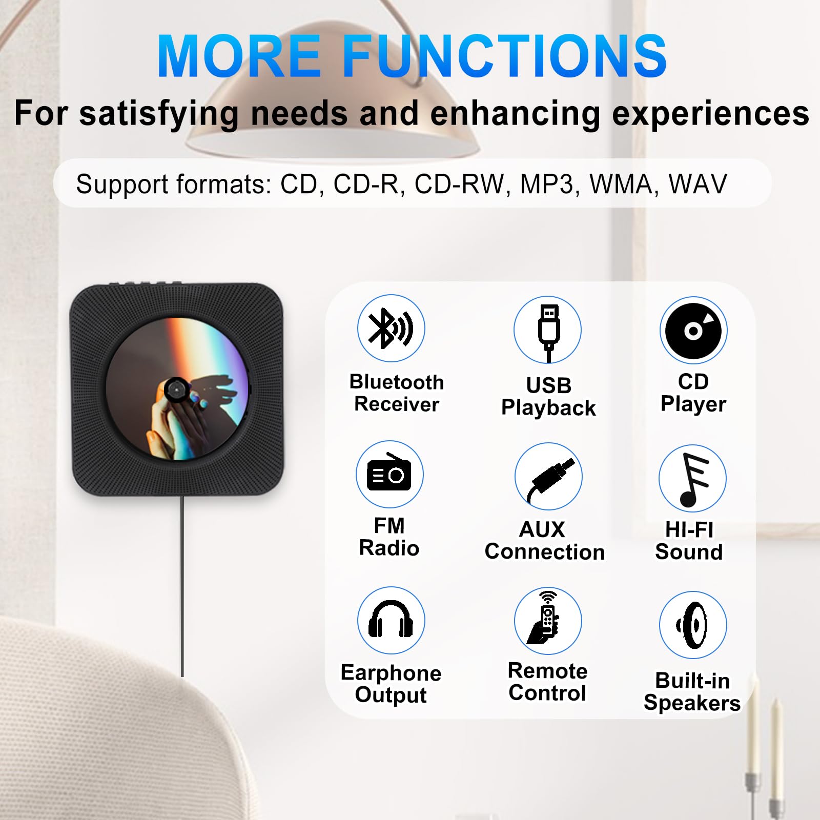 Wall CD Player with Bluetooth, Portable CD Player with Speakers, CD/Bluetooth/FM Radio/USB/AUX, Bluetooth CD Player for Home, HiFi Music Player with Rack