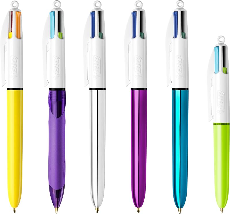 4 Couleurs - Stylo-Billes Rétractables - Pointe Moyenne (1 mm) – Coloris Assortis, Pot de 6 stylos