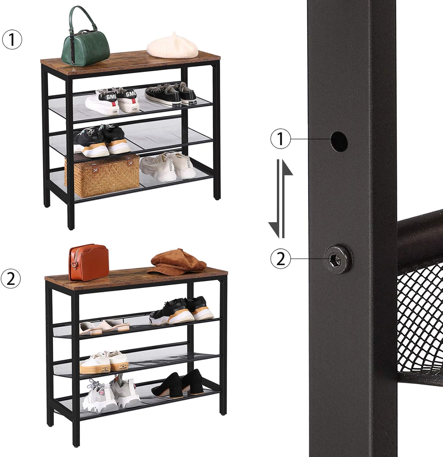 HOOBRO 4-Tier Shoe Rack, Shoe Storage Organizer with 3 Adjustable Mesh Shelves, Metal Frame - Image 4