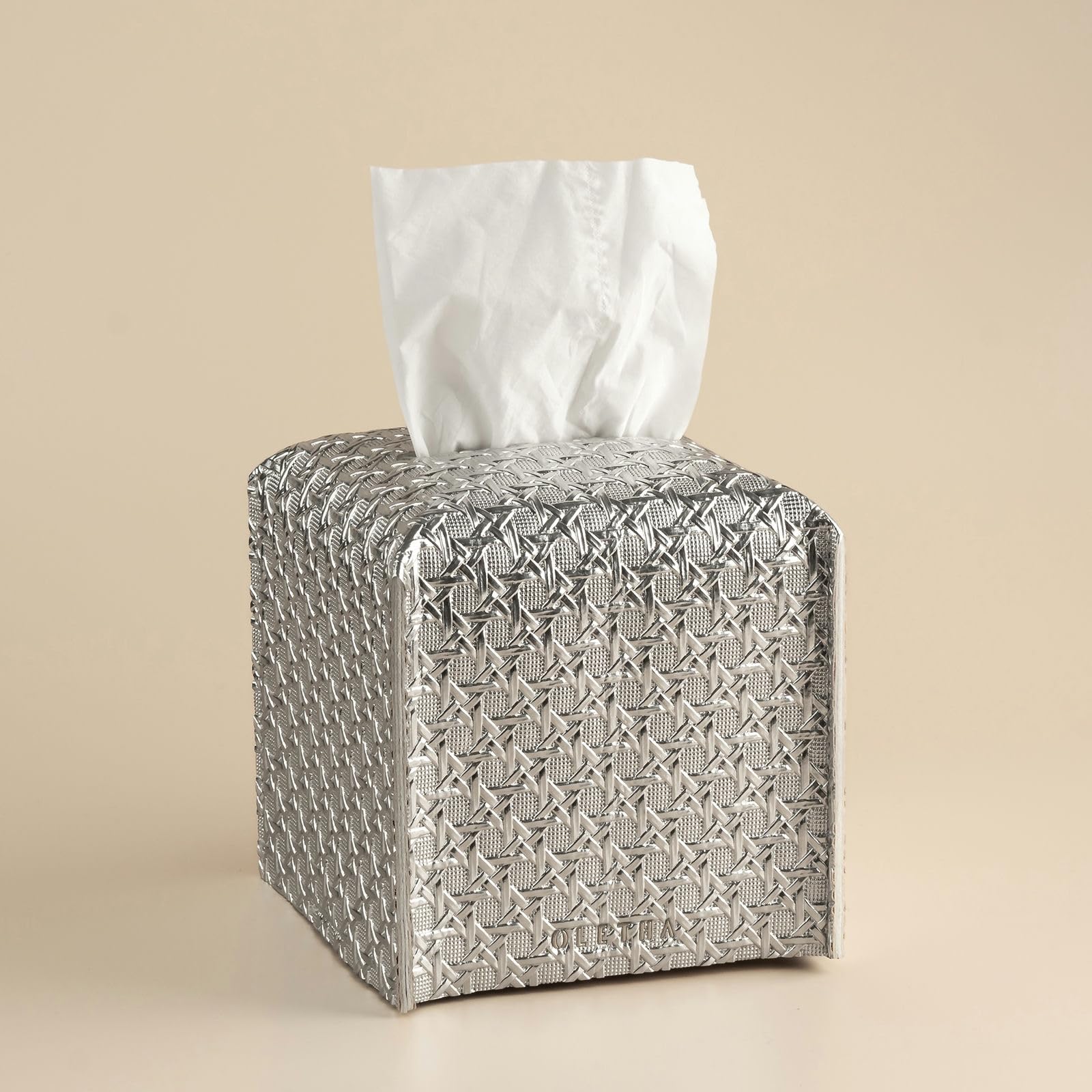 Photo 1 of OLETHA Square Tissue Box Cover - Aesthetic Desk Decor for Room, Home & Office - Tissues Cube Boxes Holder - Lattice Textured, Silver