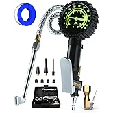 AZUNO Heavy Duty Tire Pressure Gauge, Tire Inflator Gauge 230PSI Air Chuck Air Compressor Attachments, with Steel Braided Hose, Large 2.6" Glow Dial & Quick Connect Coupler, for Truck/Car/SUV/RV/Bike