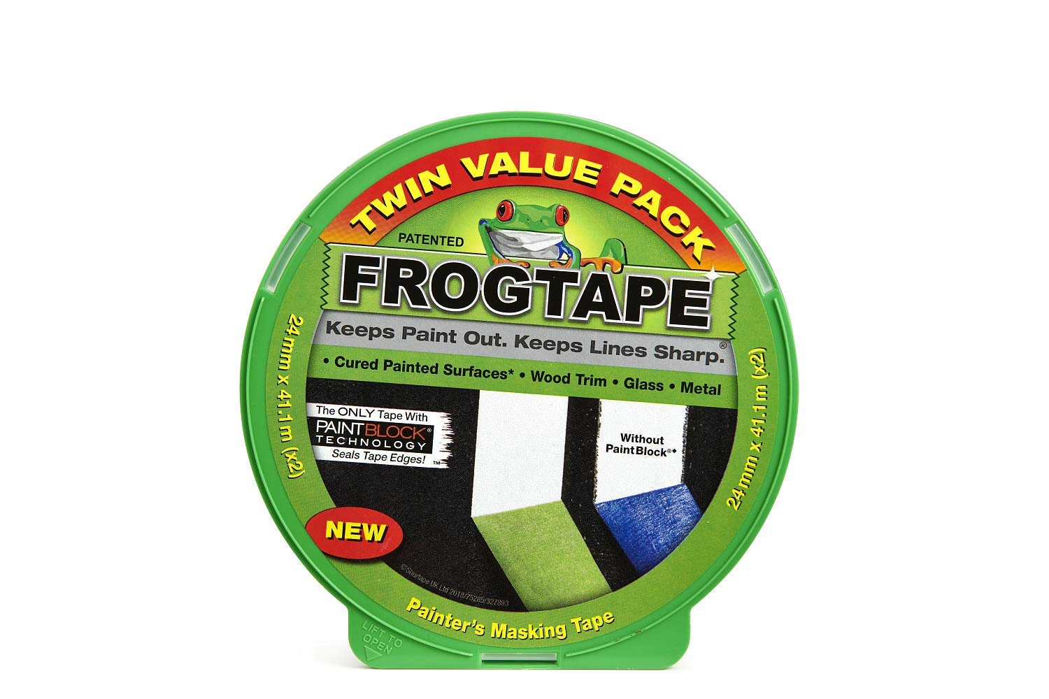 Frog Tape Green Multi Surface Painters Masking Tape Twin Pack of 24mm x 41.1m. Indoor painting and decorating for sharp lines and no paint bleed