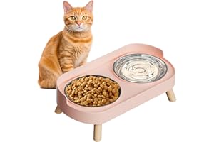HIAIEVIY Elevated Cat Bowl, Raised Cat Food and Water Bowl Set for Indoor Cats, Splash Proof with 2 Stainless Steel Pet Food Bowls for Cats and Puppies, Whisker Fatigue and Dishwasher Safe - Pink