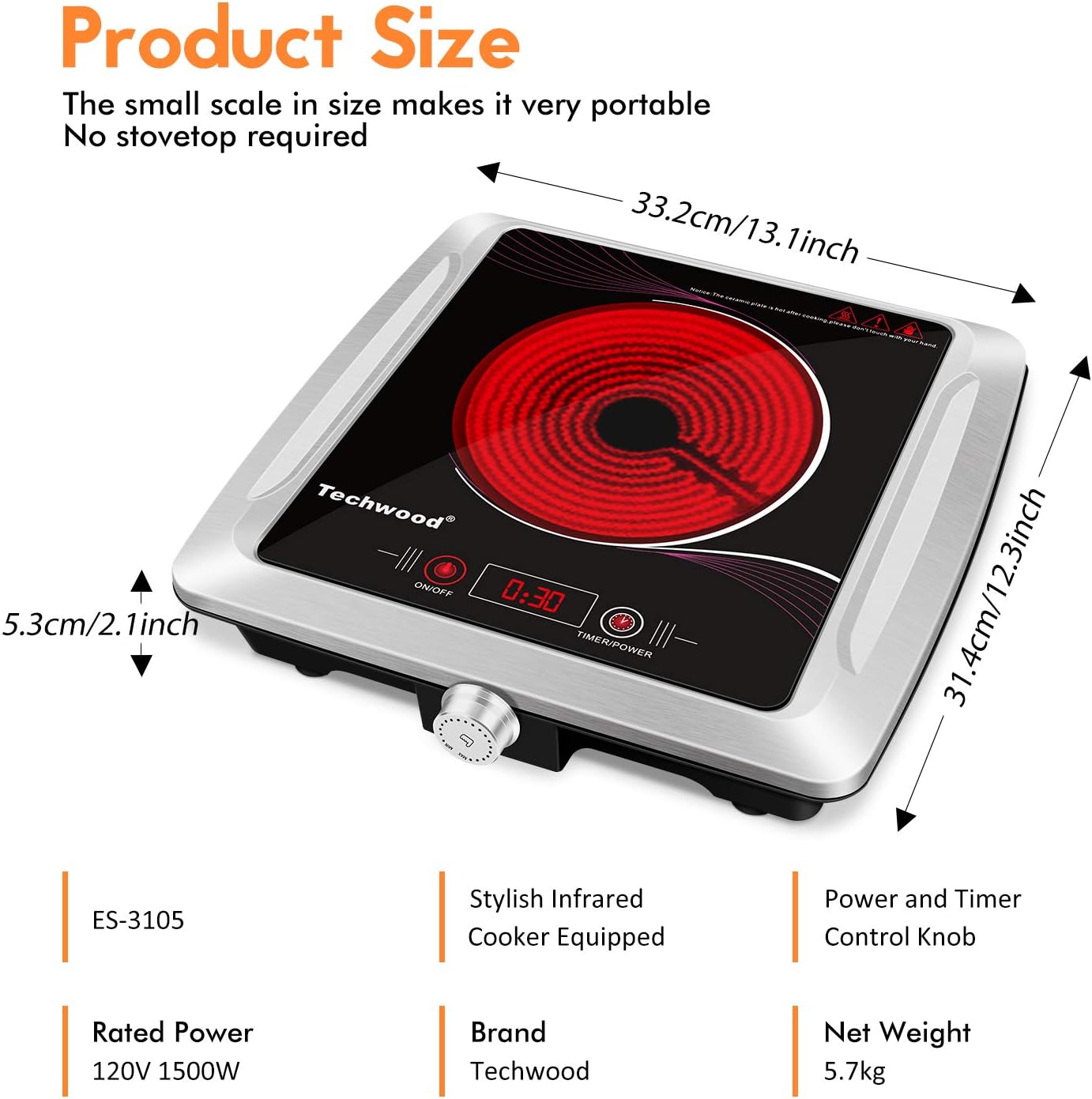 Techwood Hot Plate Electric Stove Single Burner Countertop Infrared Ceramic Cooktop, 1500W Timer and Touch Control, Portable Compatible All Cookware, Ceramic Glass & Stainless Steel Easy to Clean: Kitchen & Dining