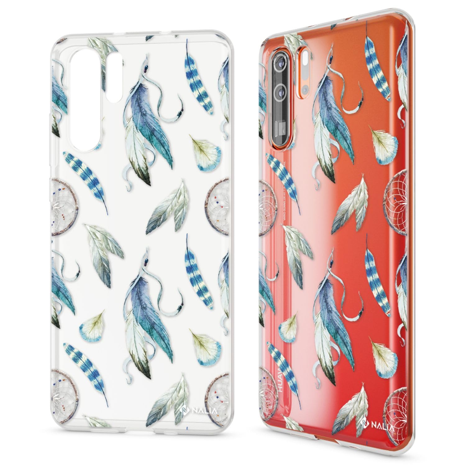 NALIA Case compatible with Huawei P30 Pro, Motif Design Ultra-Thin Silicone Pattern Cover Phone Protector Skin, Slim Shockproof Gel Bumper Protective Anti-Choc Backcover, Designs:Watercolor Feather