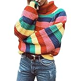 xxxiticat Women's Striped Turtleneck Sweater Long Sleeve Solid Color Block Rainbow Colorful High Neck Pullover Knitting Top