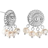 925 Sterling Silver Pearl Drop Earrings for Women, Platinum Plated Natural Freshwater Pearl Dangle Studs, Elegant Spiral Design Hypoallergenic Earrings, Classic Jewelry Gift for Her in White Gift Box