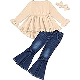 oklady Todder Kids Girls Clothes Solid Color Ruffles Top Bow Flared Jeans 2PCS Fall Girls Clothing Set 18M-7Years