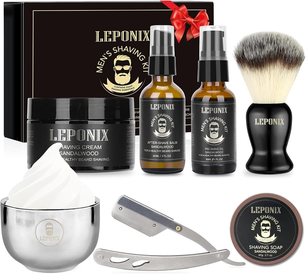 LEPONIX Shaving Kit for Men - Sandalwood Cream, Brush, Razor & Set