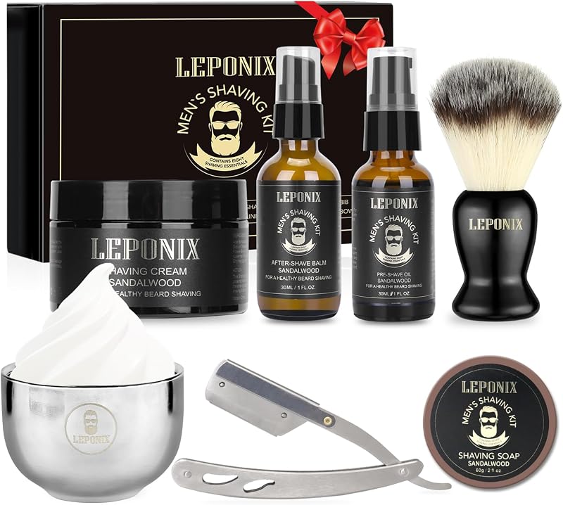 LEPONIX Shaving Kit for Men - Sandalwood Cream, Brush, Razor & Set