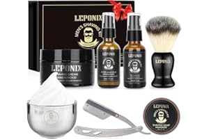 LEPONIX Mens Shaving Kit, Include Straight Razor, Sandalwood Shaving Soap & Cream, After Shave Balm, Pre-Shave Oil, Brush & Bowl – Christmas Gifts for Men Him Secret Santa Gift Set Stocking Stuffers