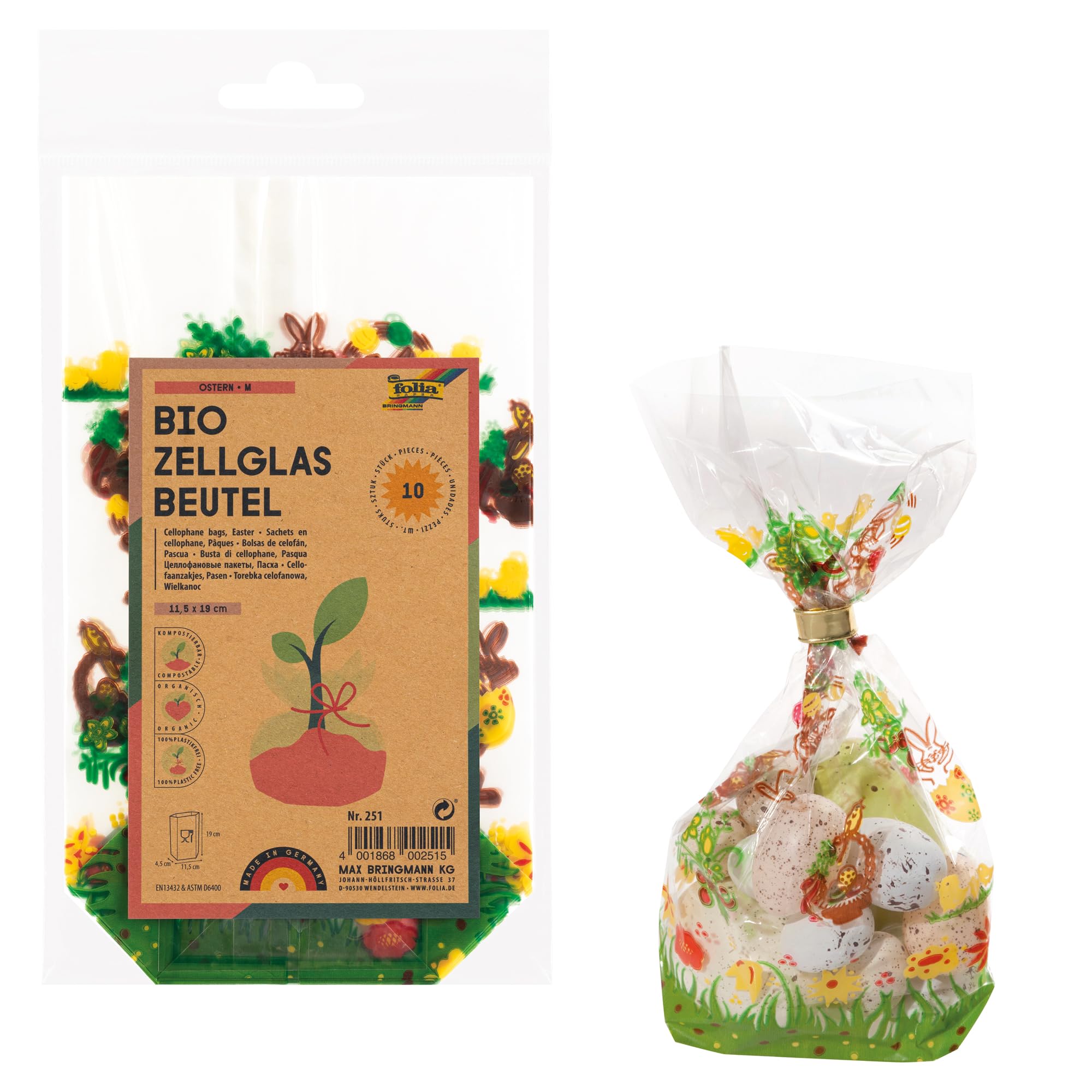 folia 251 – Cellulose Bags with Easter Print, Approx. 11.5 x 19 cm, Pack of 10 – for Individual Packaging of Biscuits, Sweets and Much More