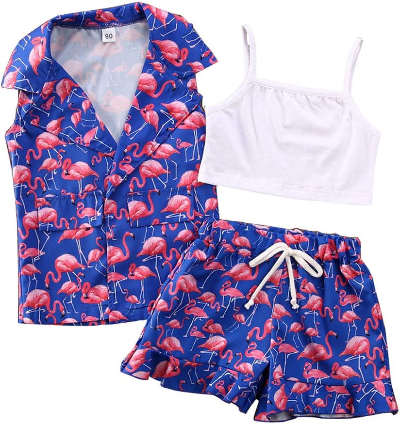 Trendy Toddler Kids Baby Girl Flamingo Outfits Sleeveless Tank Top T-Shirt+ Shorts Summer Clothes