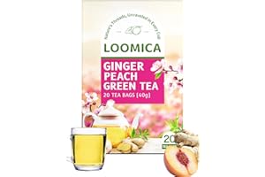 LOOMICA Ginger Peach Green Tea, Caffeinated, Pastoral & Spicy Soothing Blend with Green Tea, Ginger, and Juicy Peach Flavor, Individually Wrapped Bags, 20 Counts