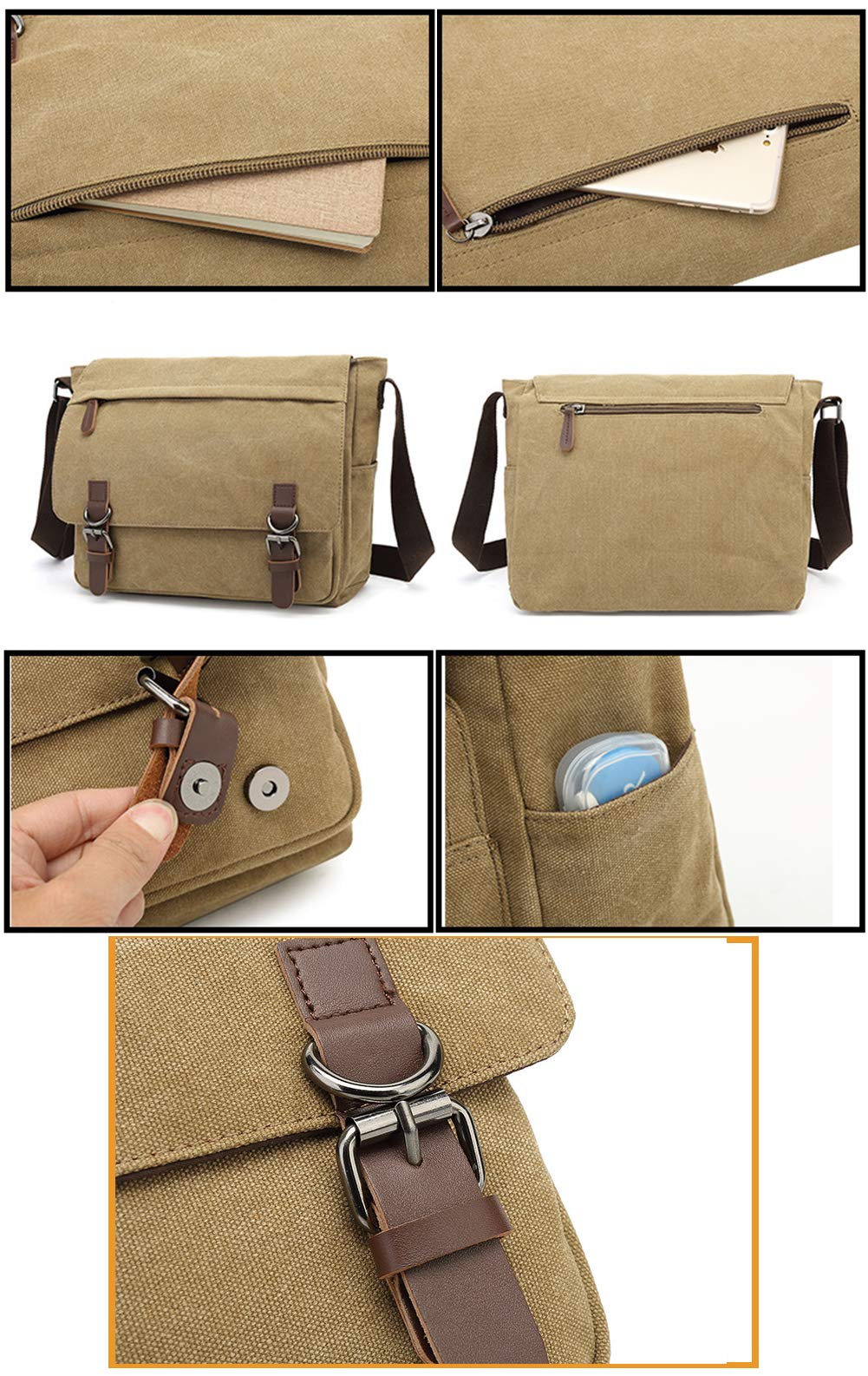 Sechunk Canvas Vintage Messenger Bag Shoulder bag Leather Large Travel Crossbody bags for men women 15inch Laptop