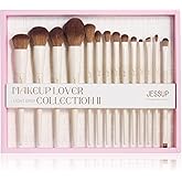 Jessup Makeup Brushes 14Pcs Makeup Brush Set Premium Synthetic Powder Foundation Contour Blush Concealer Eye Shadow Blending Liner Make Up Brush Kit Light Grey with Gift Box, T329-G