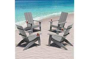 MXIMU Modern Adirondack Chairs Set of 4 Weather Resistant with Cup Holder Oversize Plastic Fire Pit Chairs Plastic Outdoor Chairs for Firepit Area Seating (Grey)