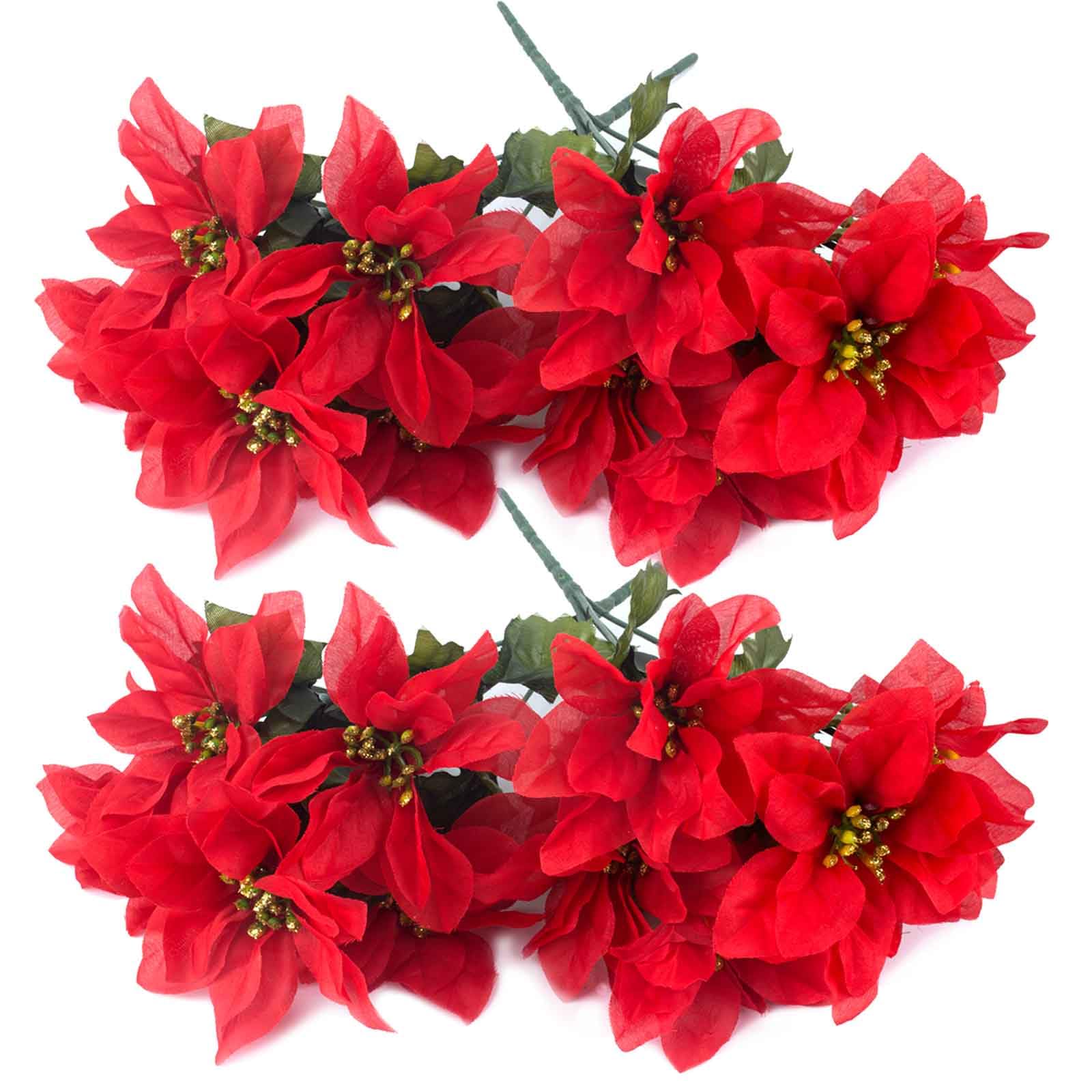 AWAVM Artificial Poinsettia Bushes, 4 Pack 6 Heads - Silk Fabric Christmas Red Poinsettia Bushes, Fake Flowers for Xmas, 35cm/13.8in (Red)