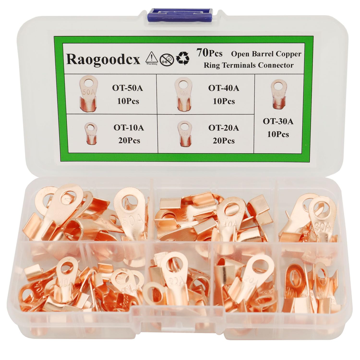 Raogoodcx 70Pcs Open Barrel Wire Crimp Connector Copper Ring Battery Lug Terminals Assortment Kit OT 10A 20A 30A 40A 50A