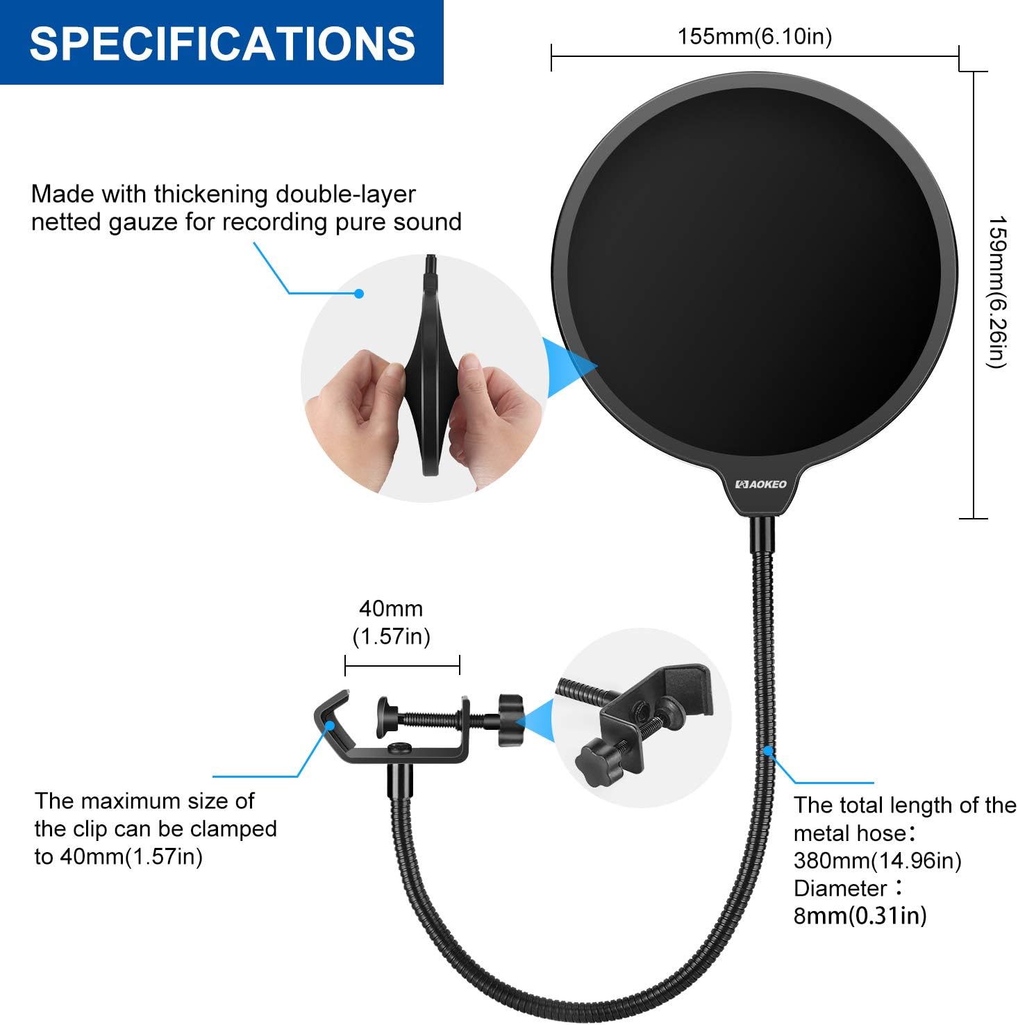 Aokeo Professional Microphone Pop Filter Mask Shield For Blue Yeti and Any Other Microphone, Mic Dual Layered Wind Pop Screen With A Flexible 360° Gooseneck Clip Stabilizing Arm: Musical Instruments