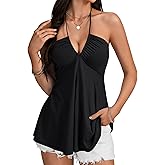 Rooscier Women's Drawstring Halter V Neck Backless Sleeveless Flare Ruched Cami Tank Tops