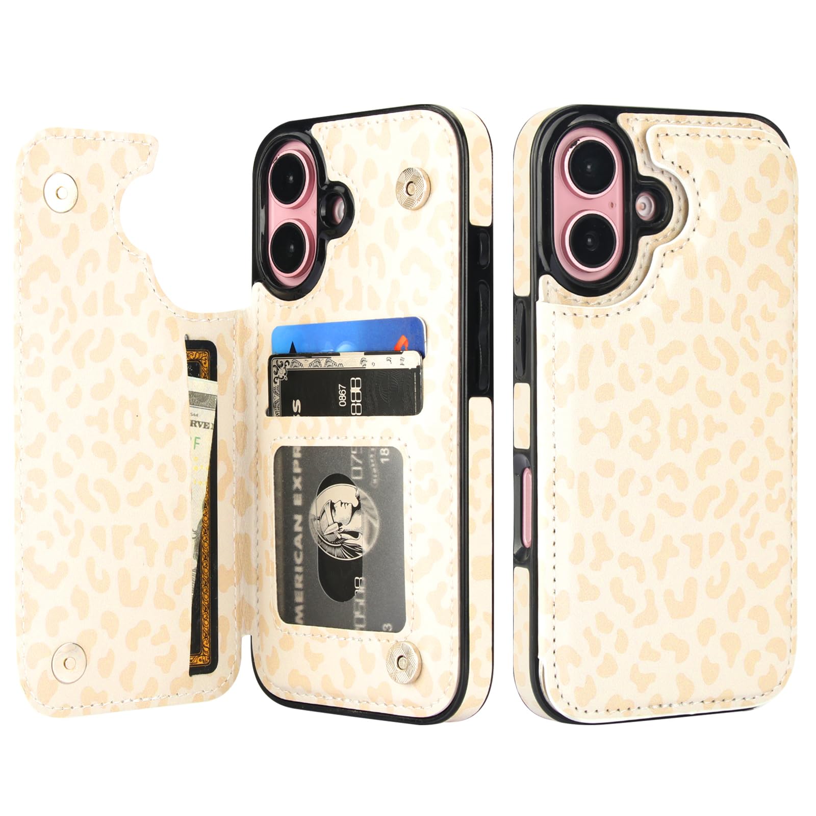 HAOPINSH for iPhone 16 Wallet Case with Card Holder, Cream-Coloured Leopard Pattern Back Flip Folio PU Leather Kickstand Card Slots Case for Women Girls, Double Magnetic Clasp Shockproof 6.1"