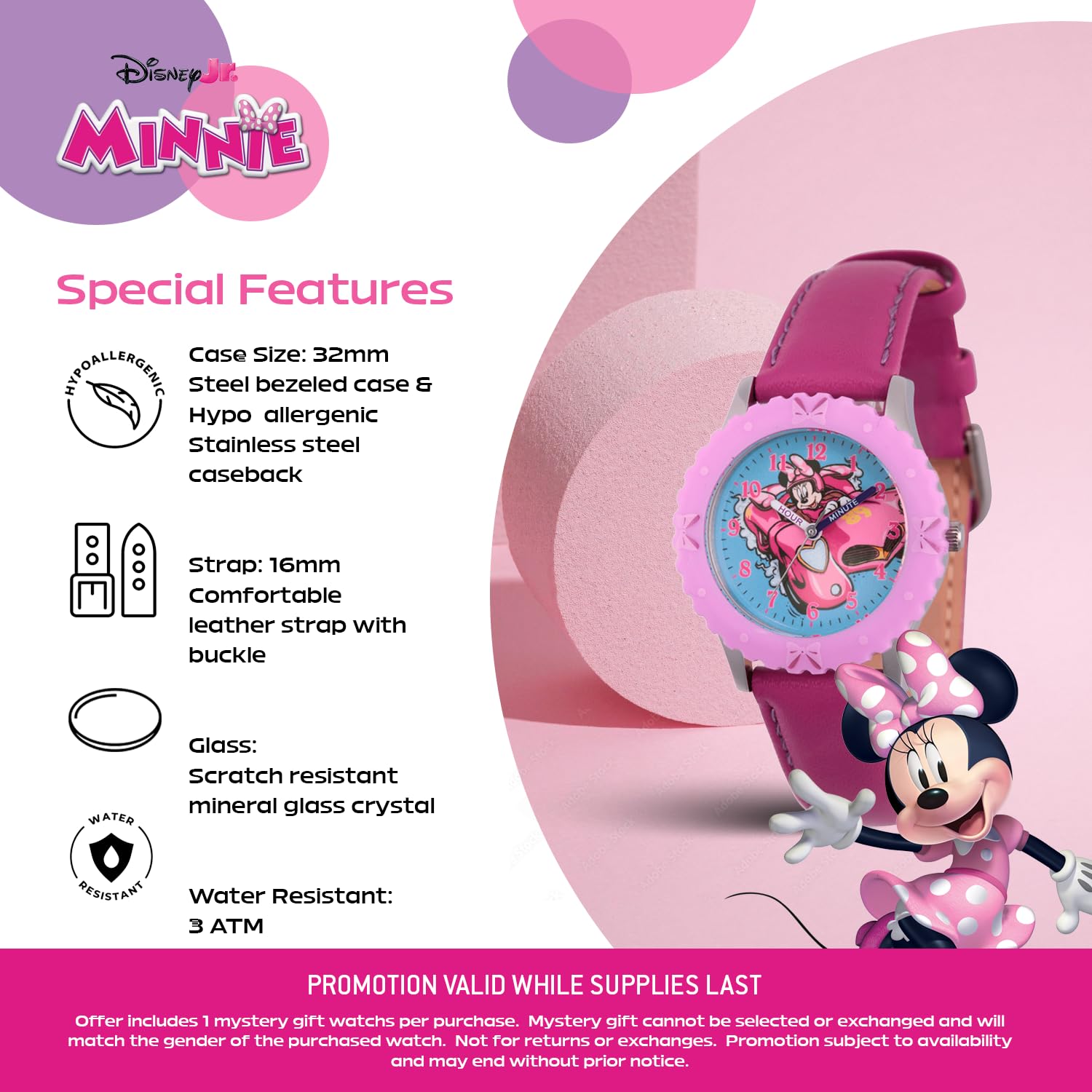 Disney Minnie Mouse Watch for Ages 3–7 with Bold Dial – Gift for Kids Who Love Minnie Toys – Pink Bezel and Pink Leather Strap – Buy and GET 1 Free Mystery Watch