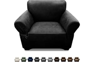 Pfrstuv Single Sofa Cover Leather Look Chair Covers for Living Room 1-Piece Sofa Chair Covers with Arms Stretch Furniture Protector with Elastic Bottom & Pockets(Armchair, Black)