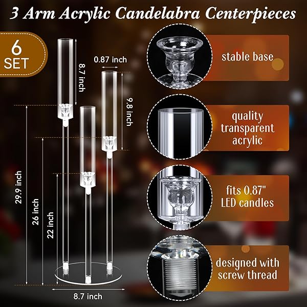LAYHIT 6 SET WEDDING 3 ARM ACRYLIC CANDELABRA TABLE CENTERPIECE 38.6″ CLEAR TALL FLOOR CANDLE HOLDER WITH SHADE PILLAR TAPER STAND FOR DINING PARTY ANNIVERSARY BIRTHDAY EASTER FIT 0.87 LED CANDLE