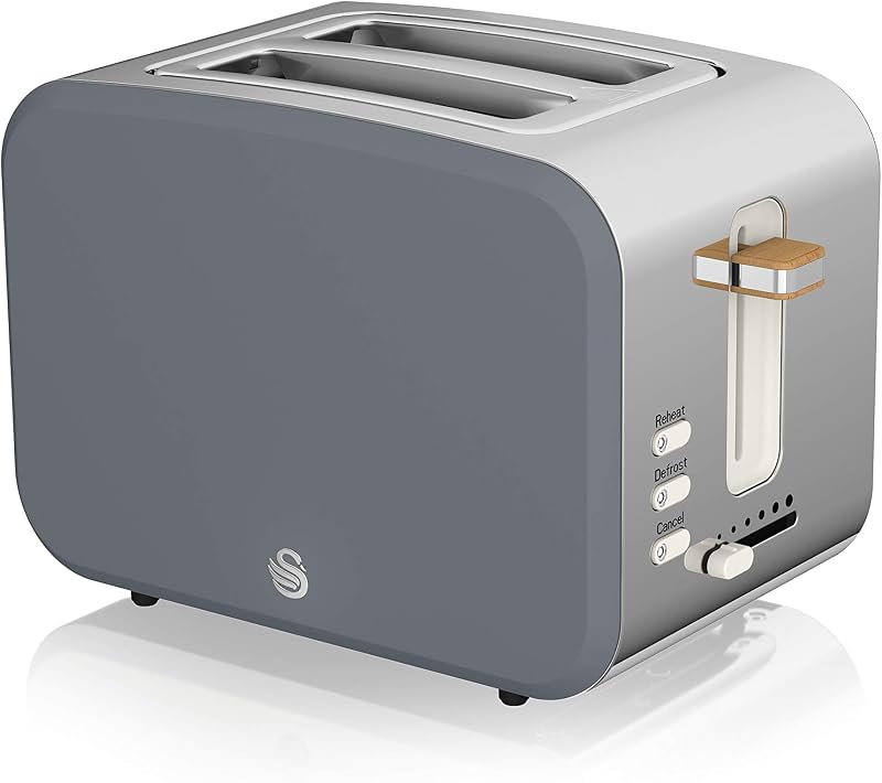Swan Nordic 2 Slice Toaster 6 Browning Levels Defrost Reheat 900W Grey