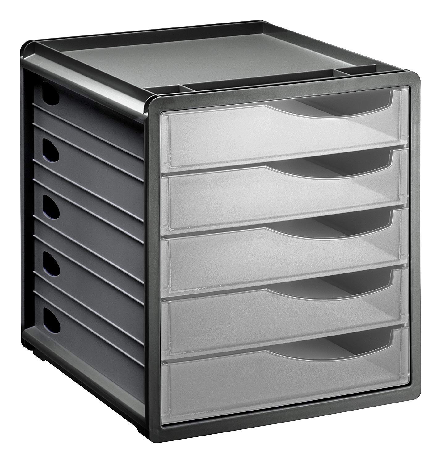 Rotho, Spacemaker, Drawer box / office box with 5 drawers, Plastic (PS) BPA-free, transparent/black, 33,5 x 28,5 x 32,0 cm