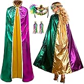 Beipegin 3pcs Carnival Costumes for Women, Happy Fat Tuesday Green Yellow Purple Cape Mask and Earring for Carnival Party Parade