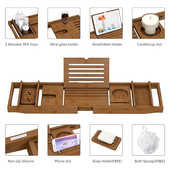 BAMBOO BATHTUB TRAY FOR LUXURY BATHROOM, EXPANDABLE PREMIUM BATH TRAY WITH SOAP TOWEL BOOK HOLDER, LUXURY SPA WOODEN BATH TABLE FOR READING LAPTOP OVER THE CLAWFOOT WALNUT