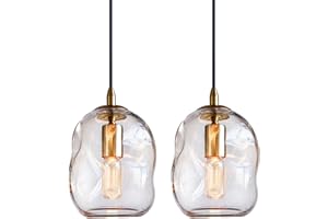 CASAMOTION Pendant Lighting Kitchen Island Modern Clear Glass Organic Globe Gold Brass Adjustable Cord Hanging Light Fixtures Dining Room Table Bar Counter Bedroom 8 Inch Height 2 Pack