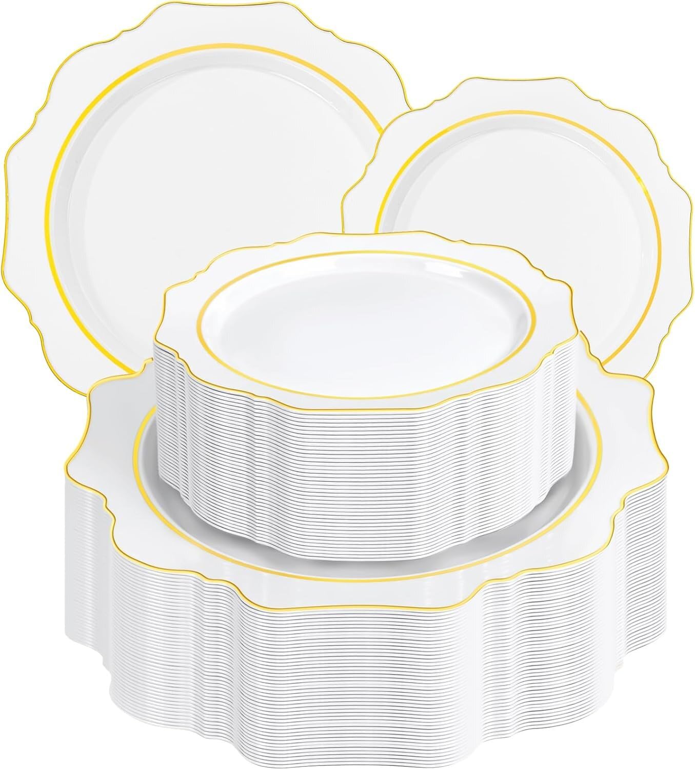 WDF 100PCS White and Gold Plastic Plates - Gold Disposable Plates - Include 50 Dinner & 50 Dessert Plate for Party - Heavy Duty Fancy Plastic Plate for Wedding/Thanksgiving/Bridal shower Image