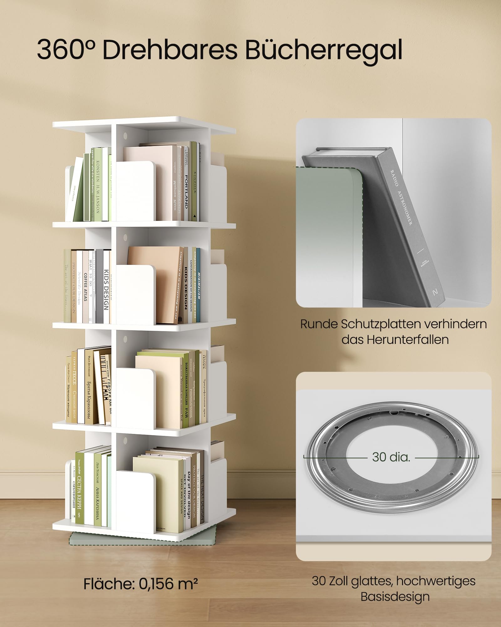 EUGAD Bücherregal drehbar mit 16 Fächer und 4 Ebenen, Weiß, 39,5x128x39,5cm 4