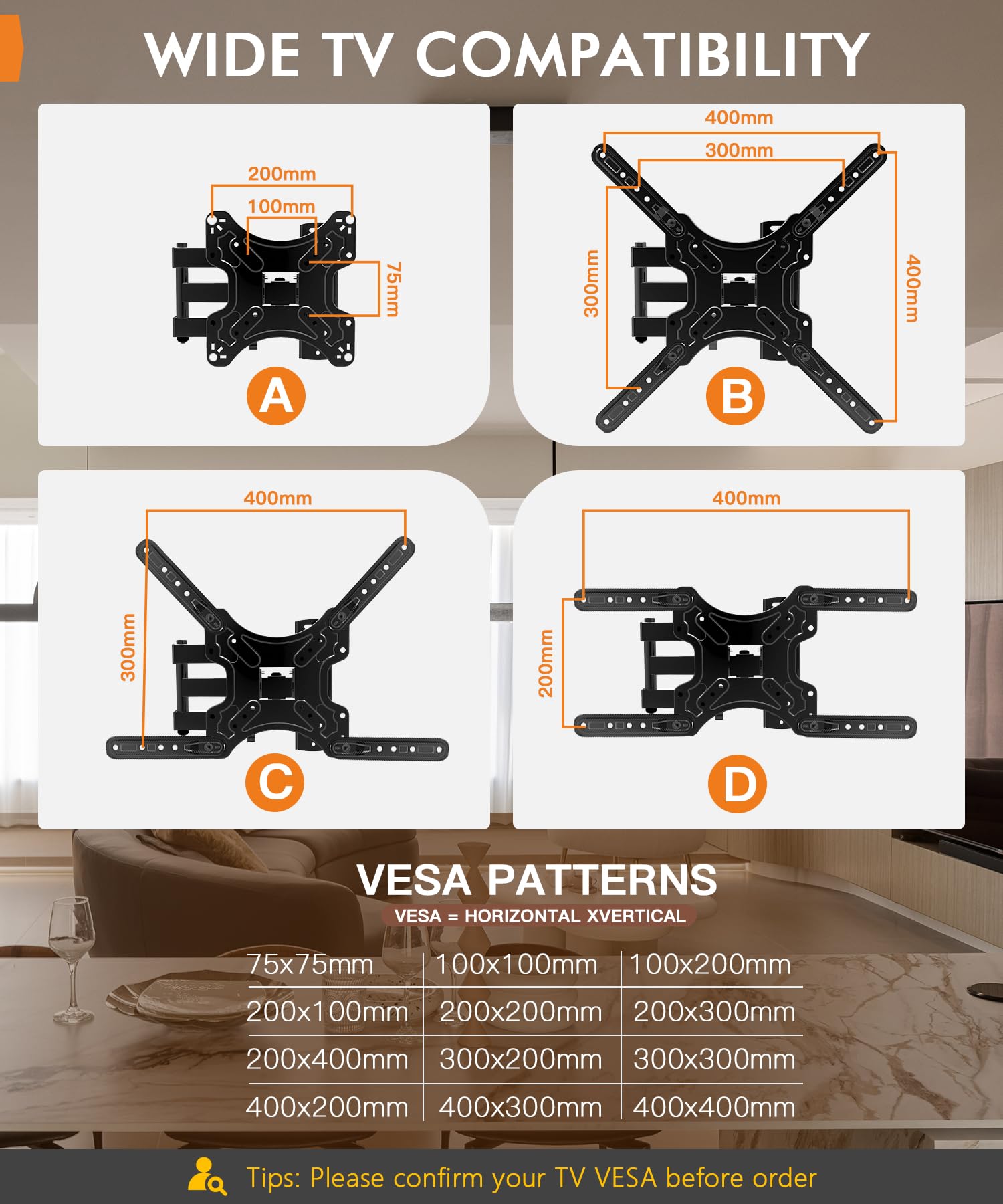 Full Motion TV Wall Mount for Most 26-55 Inch TVs, Corner Wall Mount TV Bracket with Tilt Swivel and Articulating, Single Stud Center Design Fits Flat/Curved TVs, Max VESA 400x400mm Up to 77 lbs