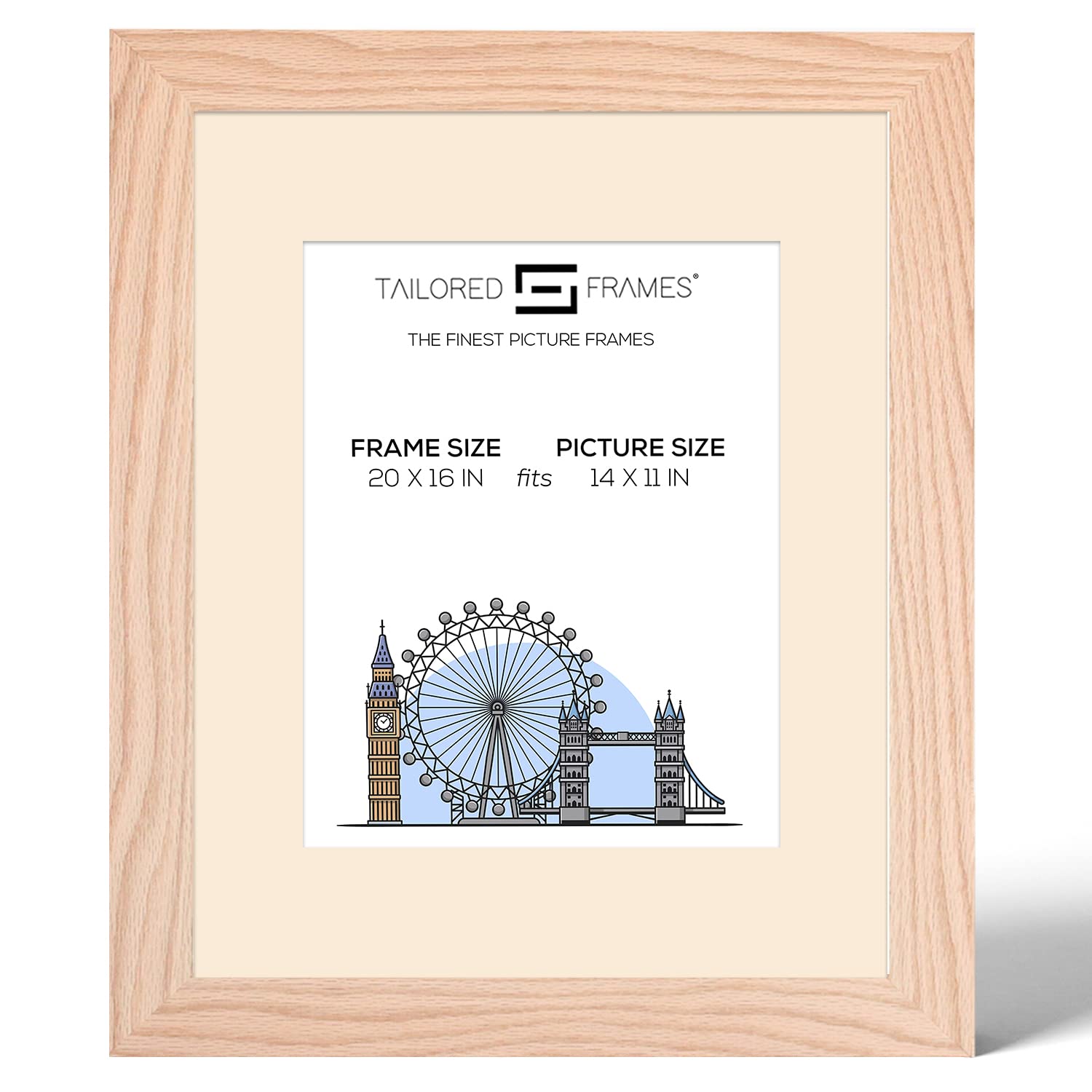 Tailored Frames 99 Solid Natural Oak 20" x 16" Frame for 14" x 11" Picture | Single Picture Frames | Wall Hanging Type | Photo Frame with Antique Mount