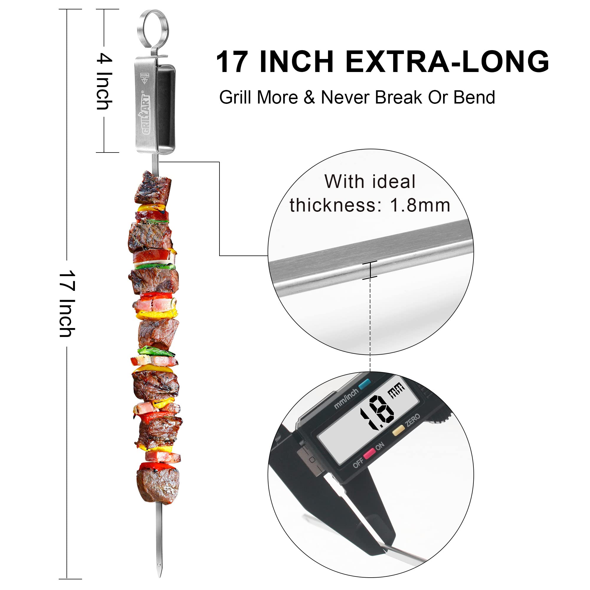 GRILLART Kabob Skewers for Grilling - Metal Skewers for Kabobs with Slider - Flat BBQ Skewers Stainless Steel - 17