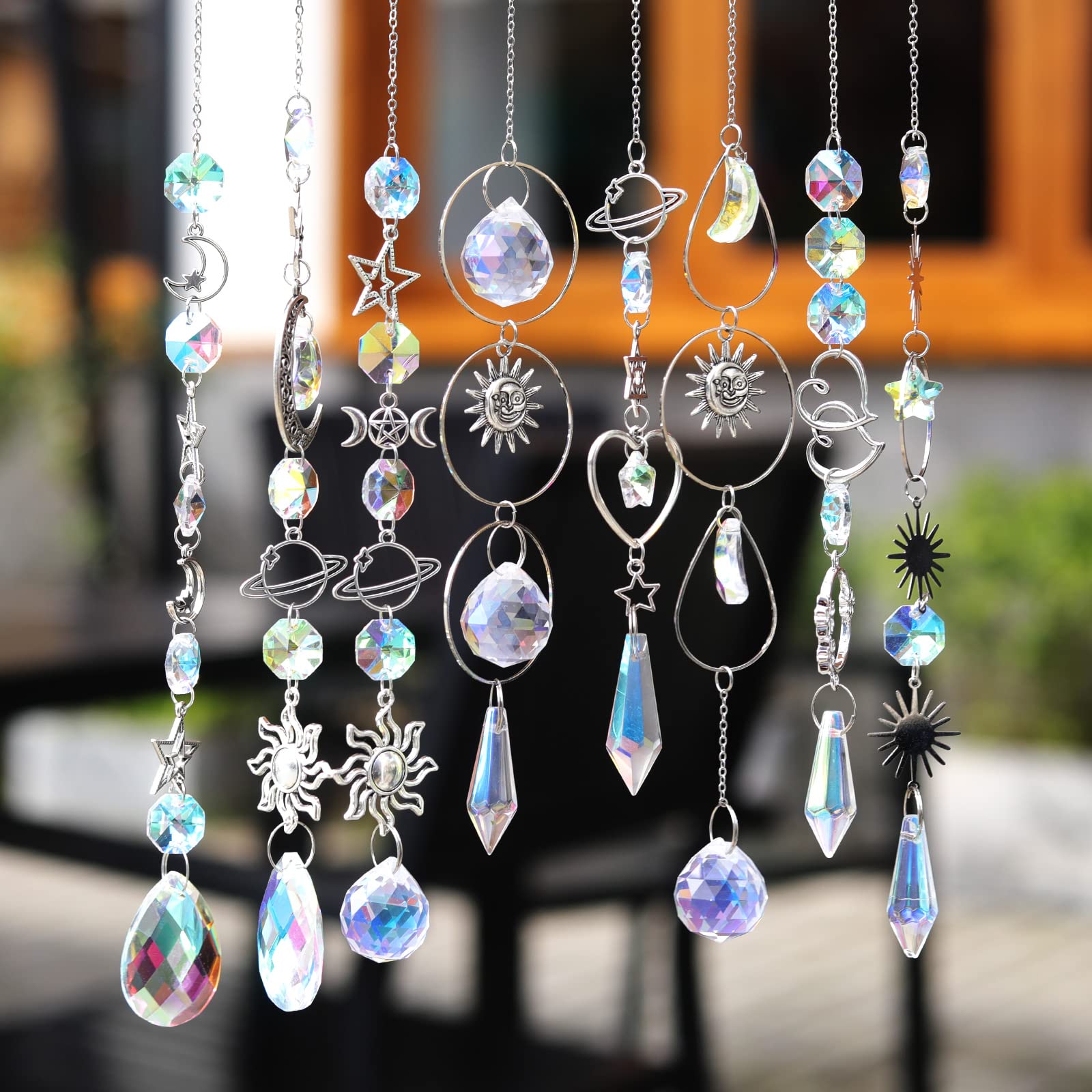 8Pcs Silver Crystal Sun Catcher with Raindrop Ball Prisms and Sun Moon for Window Home Garden Festivals Decoration