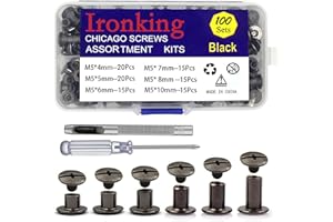 Ironking 100Sets M5 Leather Chicago Screws Assorted Metal Leather Fasteners Buttons Screw Rivets， for Leather Craft Decorate and Repair Belts Bags Shoes Purse (Gunmetal Black, M5*4,5,6,7,8,10)