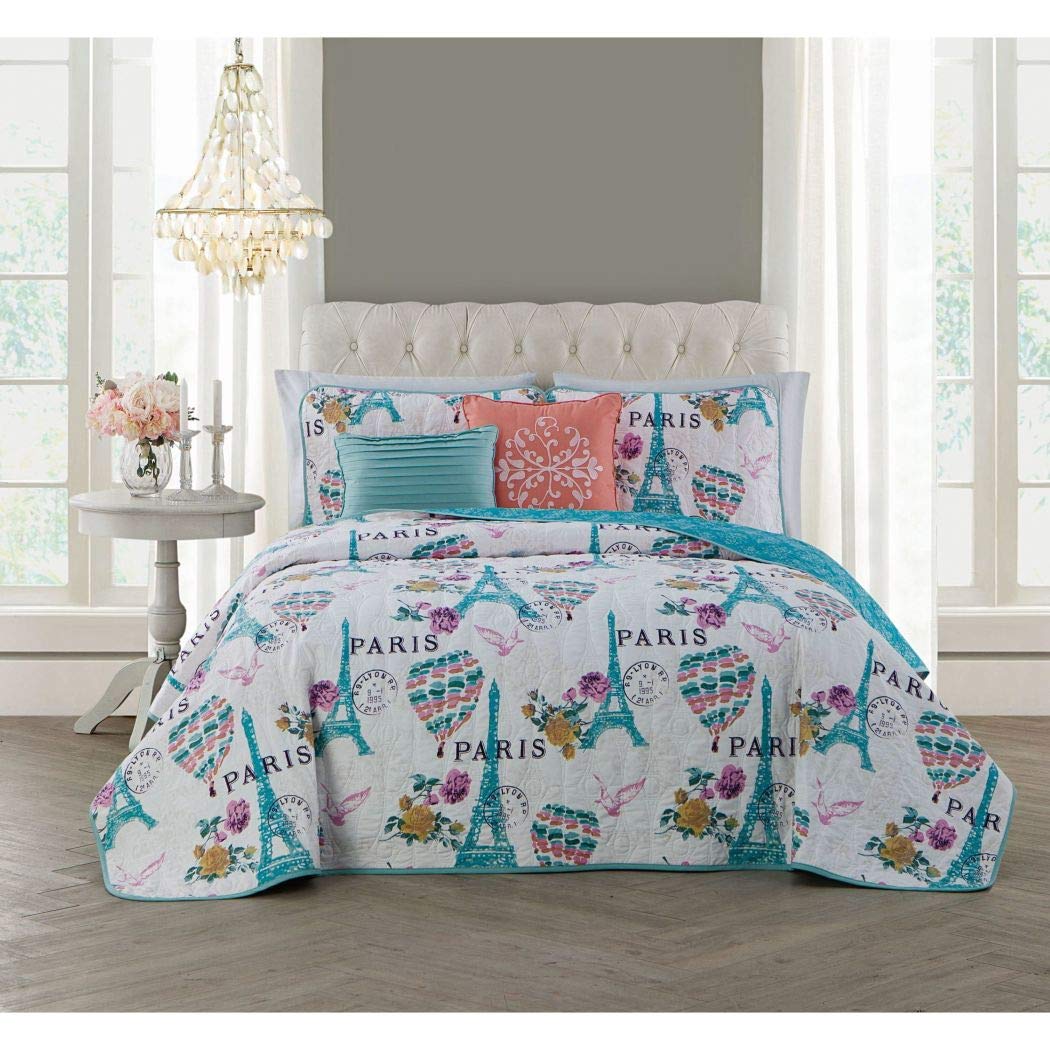 5pc White Teal Blue I Love Paris Quilt King Set France