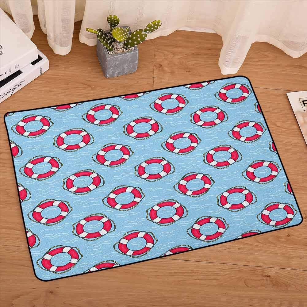 Buoy Outdoor Door mat Pattern with Lifebuoys Floating in Ocean Swimming Urgency SOS Protection Area Rug Super Absorbent Cream for Children Boys Girls Bedroom Rugs, W35 x L59 Pale Blue Pink White
