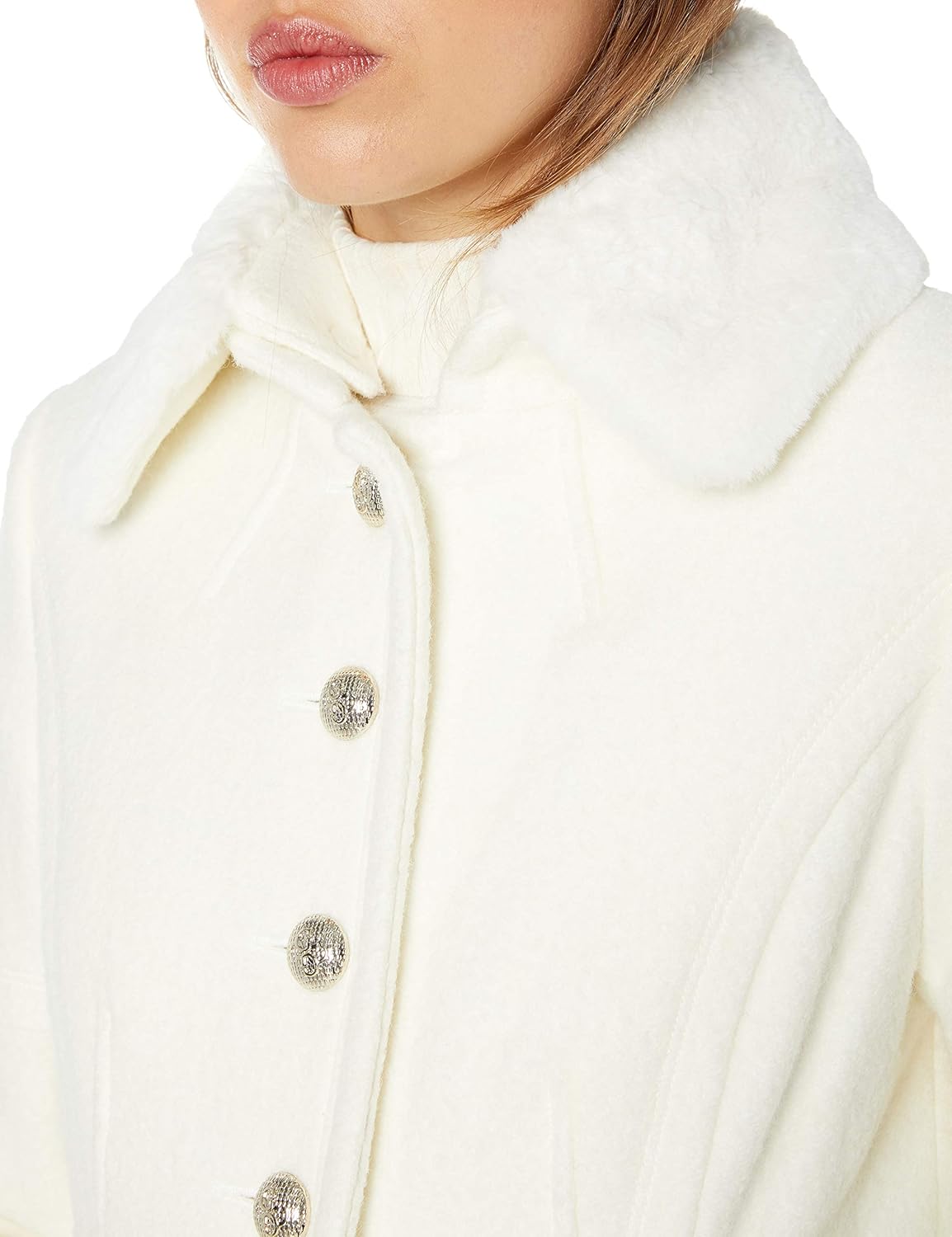 GUESS Women's Removable Faux Fur Collar Boiled Wool Coat: Clothing