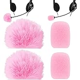 PAGOW 4 Pcs Mini Pink Foam Microphone Windscreens & Furry Cover, High Density Mic Headset Cover, Lapel Microphone Windscreen for Lavalier Microphones Noise Reduction (2pcs Foam + 2pcs Furry)
