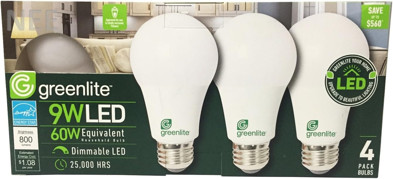 Greenlite 4 pack 9W LED Bulb 60W Equivalent Dimmable A19 eBay